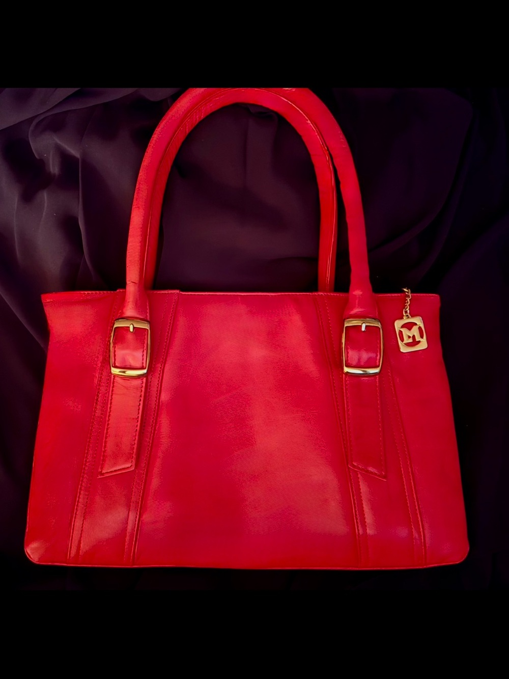 MCM Rare Red Leather Tote with Gold Charm